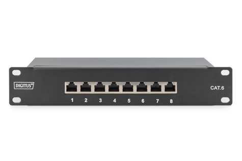 DIGITUS CAT 6, klasse E Patch Paneel, afgeschermd, 8-poorts RJ45 8P8C, LSA, 1HE, 254 mm(10")rack mount, zwart