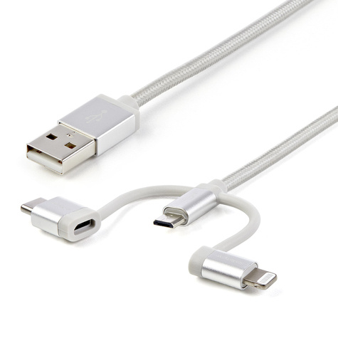 STARTECH STARTECH 1m USB oplaadkabel - gevlochten - zilver - 3 in 1 laadkabel - USB naar Lightning / Micro USB / USB C kabel