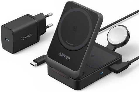 Anker MagGo Magnetic Wireless Charger 15W Foldable 3-in-1 with Charger Bundle Black EU Plug