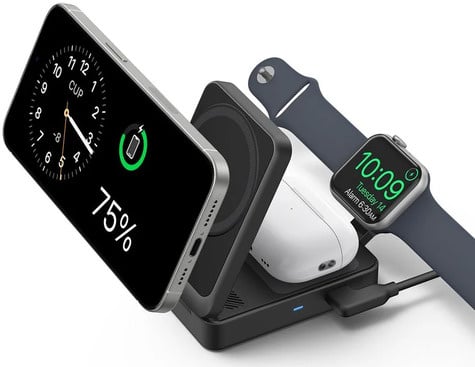 Anker MagGo Magnetic Wireless Charger 15W Foldable 3-in-1 with Charger Bundle Black EU Plug