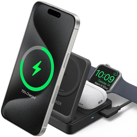 Anker MagGo Magnetic Wireless Charger 15W Foldable 3-in-1 with Charger Bundle Black EU Plug