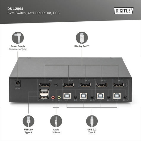 DIGITUS KVM-switch, 4x1 DP, DP Out,USB 4 x DP + 4x USB +4 Speaker + 4 Micro