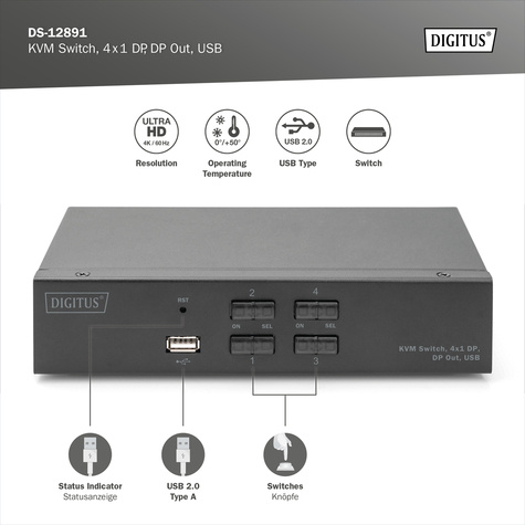 DIGITUS KVM-switch, 4x1 DP, DP Out,USB 4 x DP + 4x USB +4 Speaker + 4 Micro