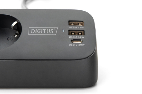 DIGITUS 3-weg bureaucontactdoos, zwart 3x stopcontact, 2x USB-A, 1xUSB-C, 3680W, 12W, 30W, 1,5m