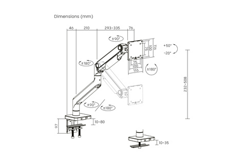 DIGITUS Enkele monitorsteun, 49", 20 kg Mechanische veer, VESA: 75x75, 100x100, zwart
