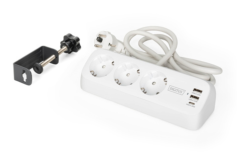DIGITUS 3-weg bureaucontactdoos, wit 3x stopcontact, 2x USB-A, 1xUSB-C, 3680W, 12W, 30W, 1,5m