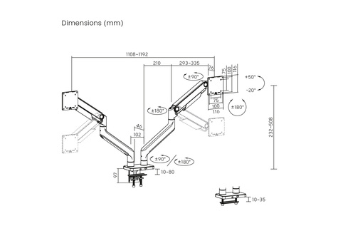 DIGITUS Dubbele monitorbeugel, 2x 45", 2x 20 kg Mechanische veer, VESA: 75x75, 100x100, zwart
