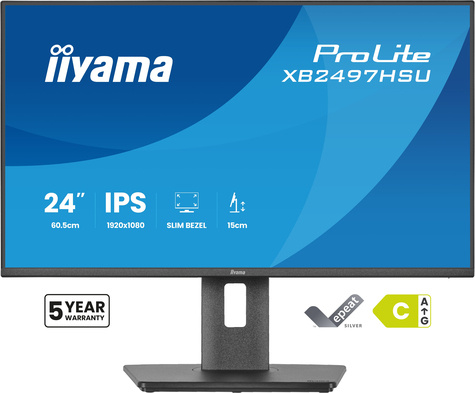 Iiyama 24i IPS-panel 1920x1080@120Hz EyeComfort 15cm Height Adj. Stand 350cd/mSpeakers HDMI DisplayPort 1ms MPRT USB 2x 3.2+2x C