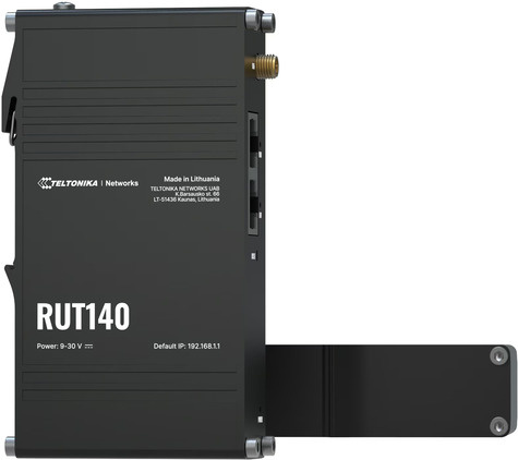 Teltonika Teltonika Compact industrial Ethernet router equipped with two Ethernet ports DIN rail bracket and an industrial 3-pin connector.