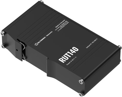 Teltonika Compact industrial Ethernet router equipped with two Ethernet ports DIN rail bracket and an industrial 3-pin connector.