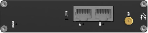 Teltonika Compact industrial Ethernet router equipped with two Ethernet ports DIN rail bracket and an industrial 3-pin connector.
