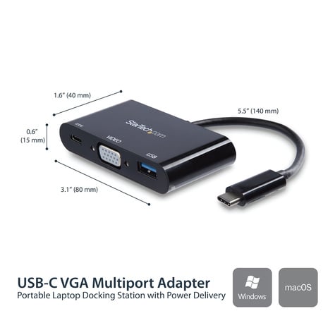 STARTECH USB-C naar VGA multifunctionele adapter met Power Delivery en USB-A poort - USB Type-C naar VGA