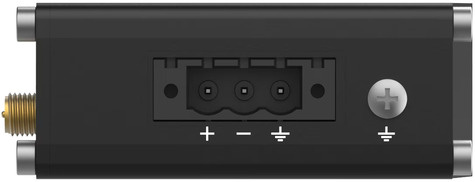 Teltonika Compact industrial Ethernet router equipped with two Ethernet ports DIN rail bracket and an industrial 3-pin connector.