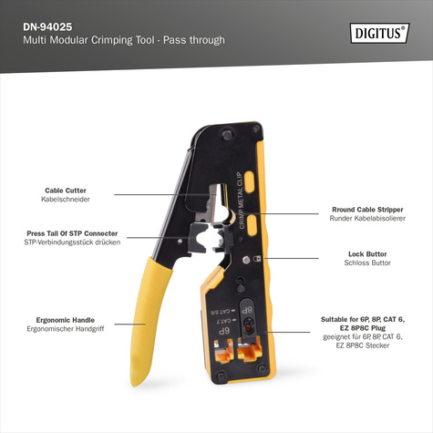 DIGITUS Multi Modular Crimping Tool Pass through Suitable for 6P,8P, CAT 6, EZ 8P8C Plug