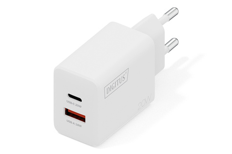 DIGITUS DIGITUS USB oplader, 20W 1x USB-C, 1x USB-A, wit