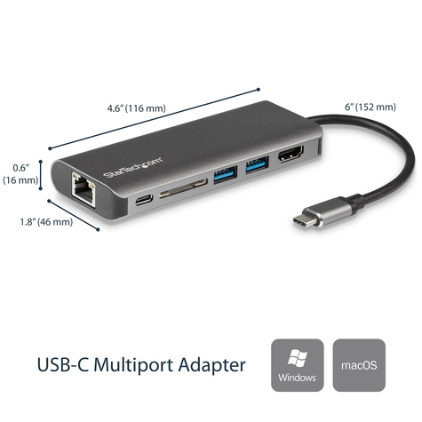STARTECH USB-C multiport adapter met SD kaartlezer - Power Delivery - 4K HDMI - GbE - 2 x USB 3.0 - USB-C hub