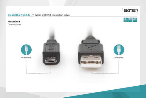 DIGITUS USB 2.0 aansluitkabel, type A - micro B St/St, 1,8 m, compatibel met USB 2.0, zwart