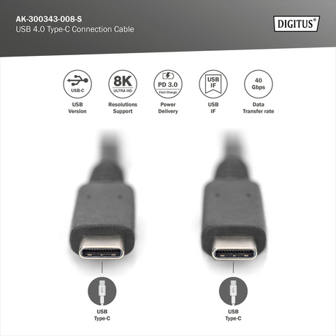 DIGITUS USB 4.0 aansluitkabel, type - C naar type - C max. resolutie 8K@60Hz, PD3.1, 40Gbits/s, 1m, bw