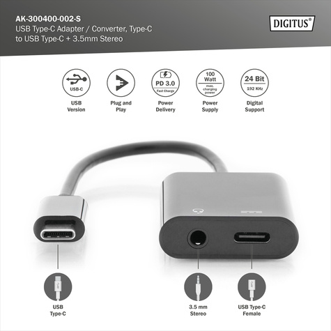 DIGITUS USB type C distributiekabel, type C - 3,5mm+type C St/Bu/Bu, 0,2m, Gen2, 5A, 10GB, Vers. 3.1, bw