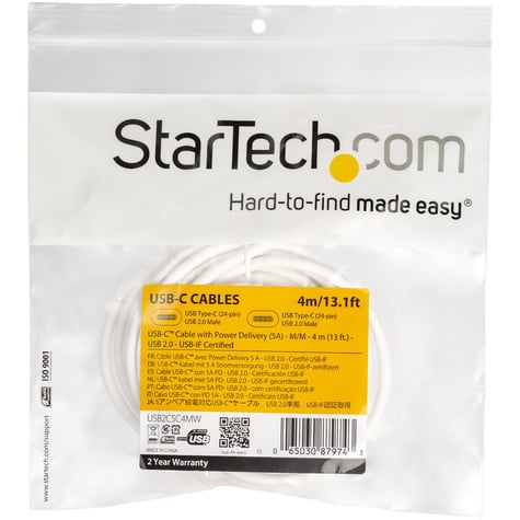 STARTECH 4m USB-C naar USB-C kabel met 5A/100W PD - M/M - wit - USB 2.0 - USB-IF gecertificeerd - USB C oplaadkabel
