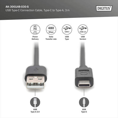 DIGITUS USB Type-C connection cable, type C to A M/M, 3.0m, 3A, 480MB, 2.0 Version, bl