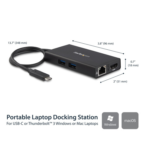 STARTECH USB-C Multiport Adapter, USB-C Travel Dock met 4K HDMI, 60W Power Delivery Passthrough, GbE, 2pt USB-A 3.0 Hub
