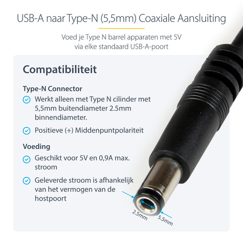STARTECH USB naar 5,5 mm voedingskabel - type N connector - 1 m - Voedingskabel - USB (alleen voeding) (M)