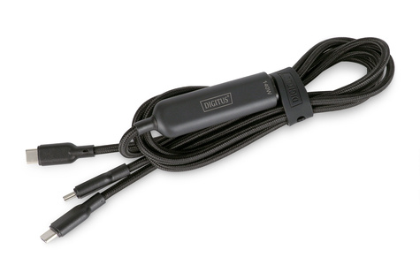 DIGITUS USB-C 2in1 oplaadkabel, 140 W, 1,8 m USB 2.0, nylon omhulsel, zwart