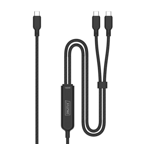 DIGITUS USB-C 2in1 oplaadkabel, 140 W, 1,8 m USB 2.0, nylon omhulsel, zwart
