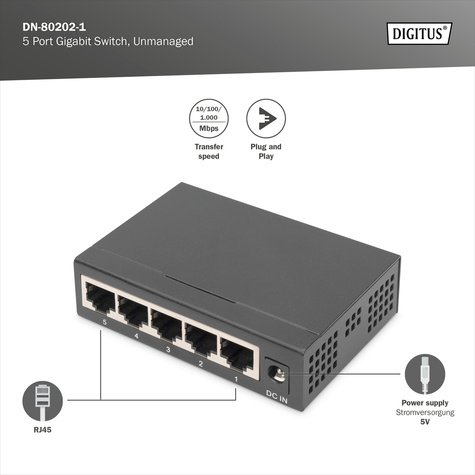 DIGITUS 5-poorts Gigabit netwerkswitch, Desktop, metalen behuizing