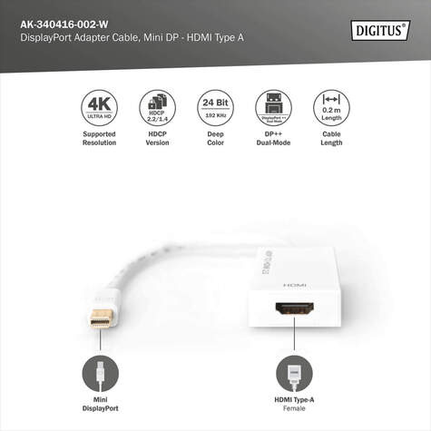 DIGITUS DisplayPort adapter cable, mini DP - HDMI type A M/F, 0,2m, HDMI 2.0, active, CE, gold, wh