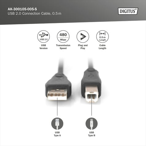 DIGITUS USB 2.0-aansluitkabel, type A - B St/St, 0,5m, compatibel met USB 2.0, zwart
