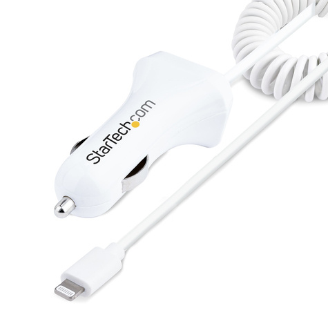 STARTECH STARTECH Lightning Car Charger with 1m Coiled Lightning Cable, 12W, White, 2 Port USB Car Charger Adapter for Phones and Tablets
