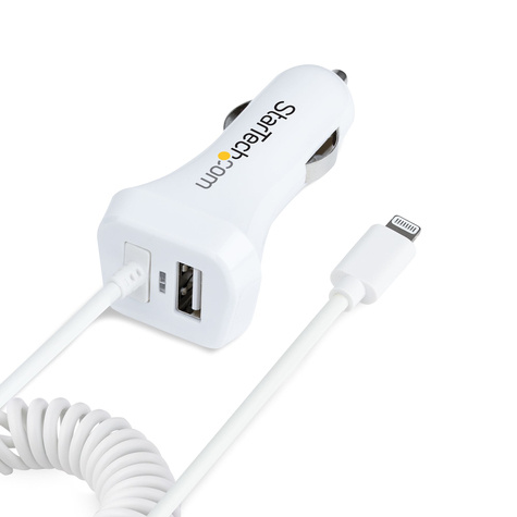 STARTECH Lightning Car Charger with 1m Coiled Lightning Cable, 12W, White, 2 Port USB Car Charger Adapter for Phones and Tablets