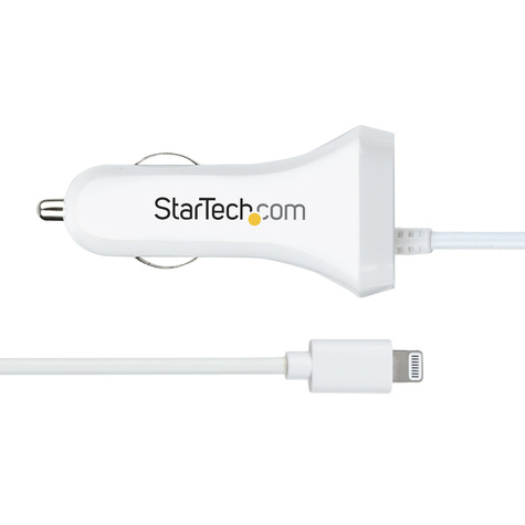 STARTECH Lightning Car Charger with 1m Coiled Lightning Cable, 12W, White, 2 Port USB Car Charger Adapter for Phones and Tablets
