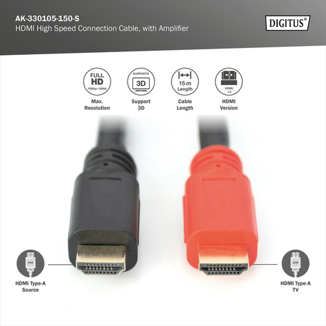 DIGITUS AK-330105-150-S HDMI kabel 15 m HDMI Type A (Standaard) Zwart