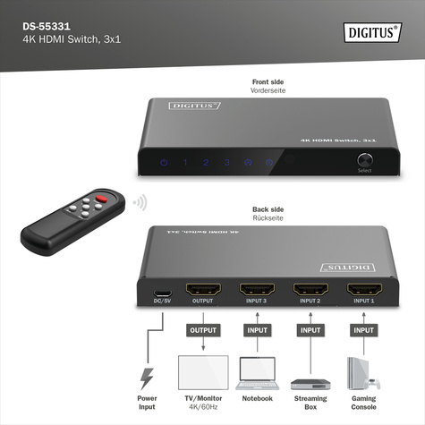 DIGITUS 3x1 HDMI schakelaar, 4K/60Hz HDCP 2.3