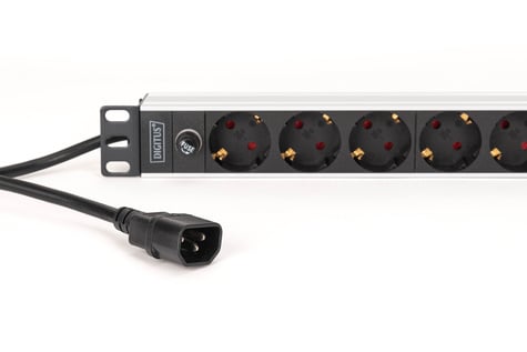 DIGITUS 1U aluminium PDU, rackmontage, 8x CEE 7/7-uitgang, 1x stekker 10A stekker, 250VAC 50/60Hz, IEC C14 stekker, voorzekering