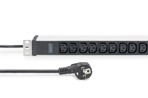 DIGITUS 1U aluminium PDU, rackmountable, 12 x C13 16A, 230VAC, 50/60Hz, safety plug