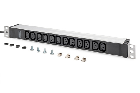 DIGITUS 1U aluminium PDU, rackmountable, 12 x C13 16A, 230VAC, 50/60Hz, safety plug