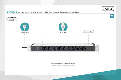 DIGITUS 1U aluminium PDU, rackmountable, 12 x C13 16A, 230VAC, 50/60Hz, safety plug