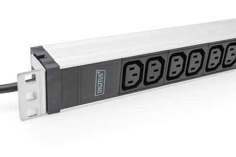 DIGITUS 1U aluminium PDU, rackmountable, 12 x C13 16A, 230VAC, 50/60Hz, safety plug
