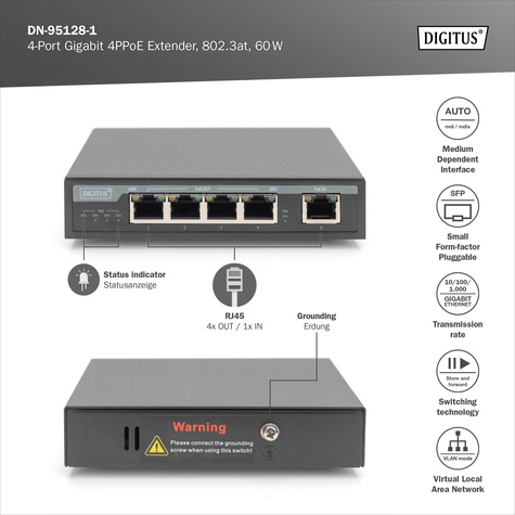 DIGITUS Gigabit PoE Indoor Extender, 4-poorts, 85W 100 m verlenging, cascadeerbaar, zelfvoorzienend