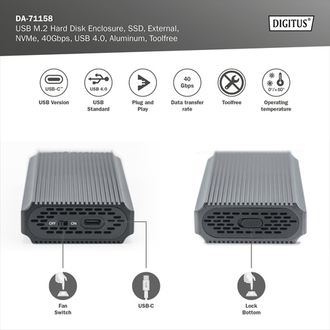 DIGITUS USB-behuizing voor harde schijf, extern, NVMe 40 Gbps, USB 4.0, aluminium, gereedschap