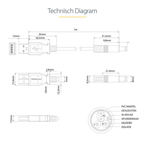 STARTECH USB naar 5,5 mm voedingskabel - type N connector - 1 m - Voedingskabel - USB (alleen voeding) (M)