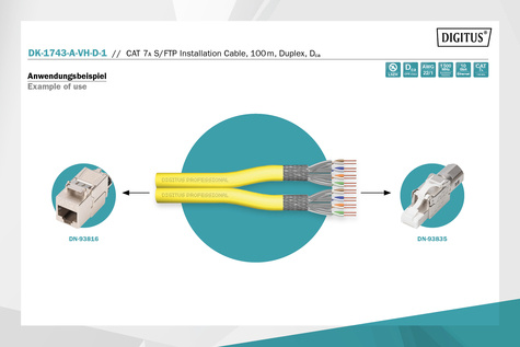 DIGITUS CAT 7A S-FTP datakabel - installatiekabel, 1500 MHz Dca (EN 50575), AWG 22/1, 100 m ring, Dx, geel