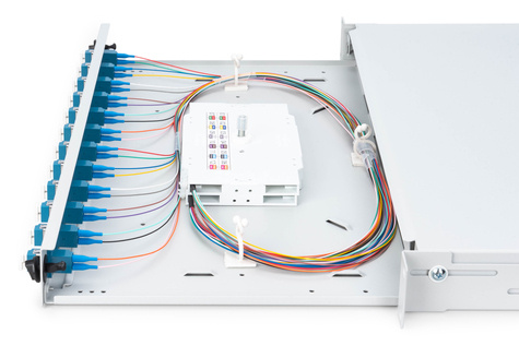 DIGITUS Glasvezel lasdoos, 1U, uitgerust, 12x LC DX, OS2 incl. lascassette, gekleurde vlechten, adapter