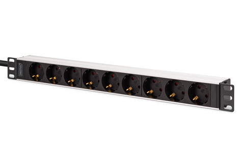 DIGITUS DIGITUS 1U aluminium PDU, rack-mount, 8x veiligheidsuitgang, 1x uitgang 16A, 230VAC, 50/60Hz, IEC C20-stekker