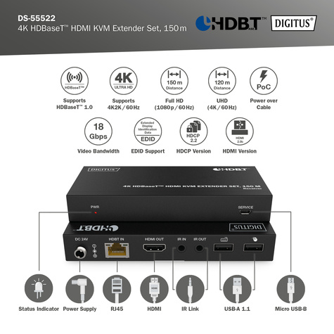 DIGITUS HDBaseT KVM-verlengerset, 150 m 4K/60Hz, USB 1.1, PoC, IR, zwart