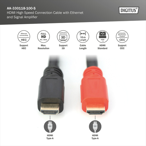 DIGITUS HDMI High Speed Connecting Cable with Ethernet and Signal Booster - HDMI Type-A Male/HDMI Type-A Male - 10 m